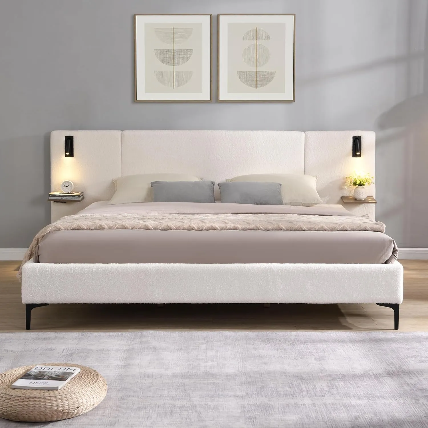 Merax King Size Chic Boucle Upholstered Platform Bed with Integrated Lights and Shelves, Bed Frame with Iron Legs for Teens Adults, White