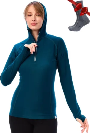 Merino.tech Merino Wool Hoodie Women - Slim Fit 100% Merino Wool Base Layer Women Half Zip Thermal Long Sleeve Shirt & Socks