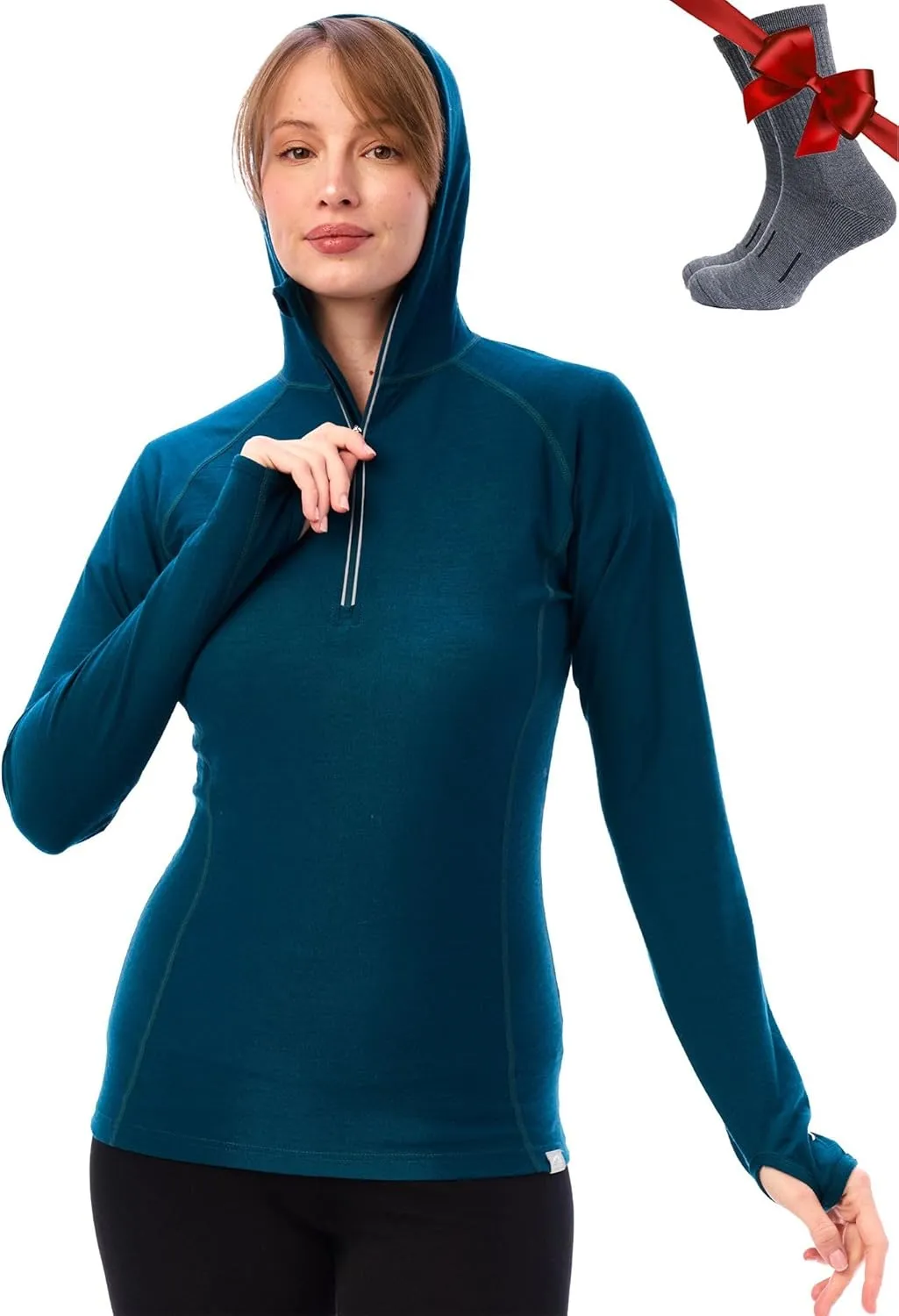 Merino.tech Merino Wool Hoodie Women - Slim Fit 100% Merino Wool Base Layer Women Half Zip Thermal Long Sleeve Shirt & Socks
