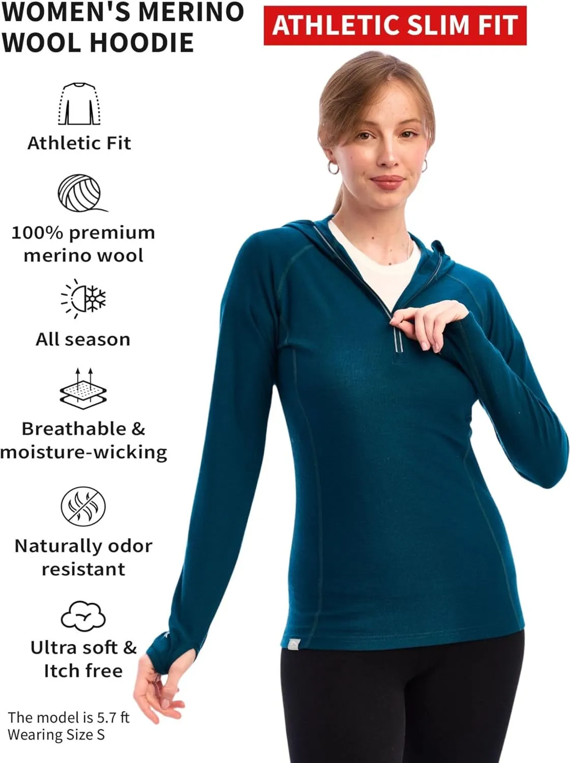 Merino.tech Merino Wool Hoodie Women - Slim Fit 100% Merino Wool Base Layer Women Half Zip Thermal Long Sleeve Shirt & Socks