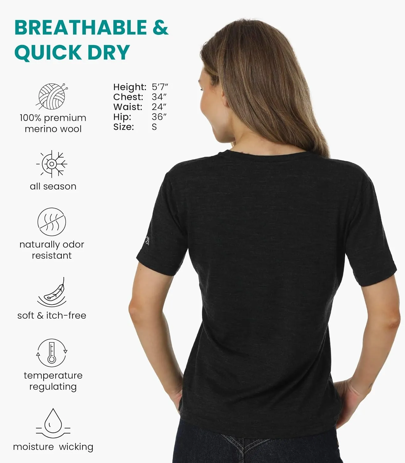 Merino.tech Merino Wool T Shirt Women - 100% Merino Wool Base Layer Women Short Sleeve Moisture-Wicking Tee and Hiking Socks