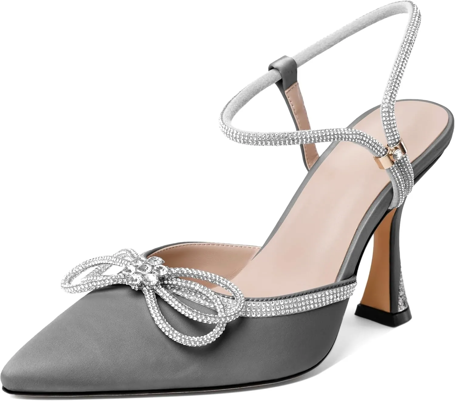 Mettesally Women's Rhinestone Bow Heels Pointed Toe High Heeled Sandals Ankle Strap Slingback Pumps Wedding Bride Satin Shoes 3.5 Inch