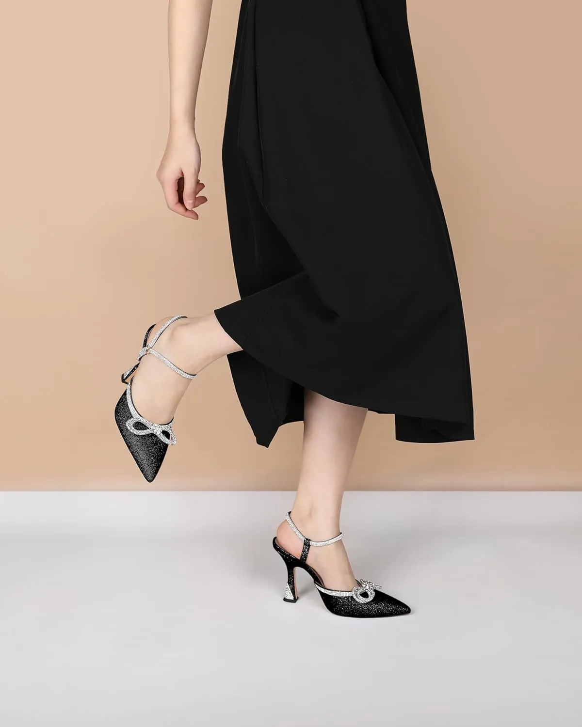 Mettesally Women's Rhinestone Bow Heels Pointed Toe High Heeled Sandals Ankle Strap Slingback Pumps Wedding Bride Satin Shoes 3.5 Inch