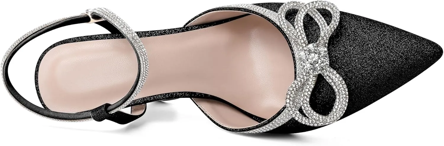 Mettesally Women's Rhinestone Bow Heels Pointed Toe High Heeled Sandals Ankle Strap Slingback Pumps Wedding Bride Satin Shoes 3.5 Inch