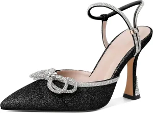 Mettesally Women's Rhinestone Bow Heels Pointed Toe High Heeled Sandals Ankle Strap Slingback Pumps Wedding Bride Satin Shoes 3.5 Inch
