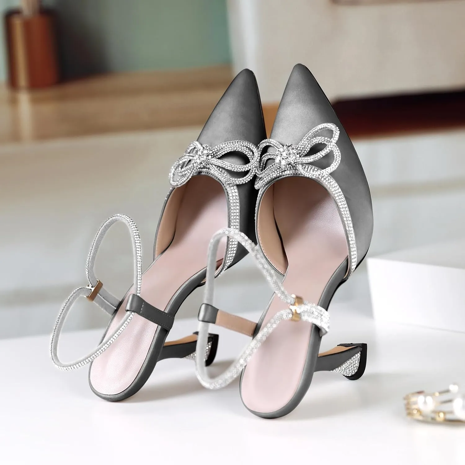 Mettesally Women's Rhinestone Bow Heels Pointed Toe High Heeled Sandals Ankle Strap Slingback Pumps Wedding Bride Satin Shoes 3.5 Inch