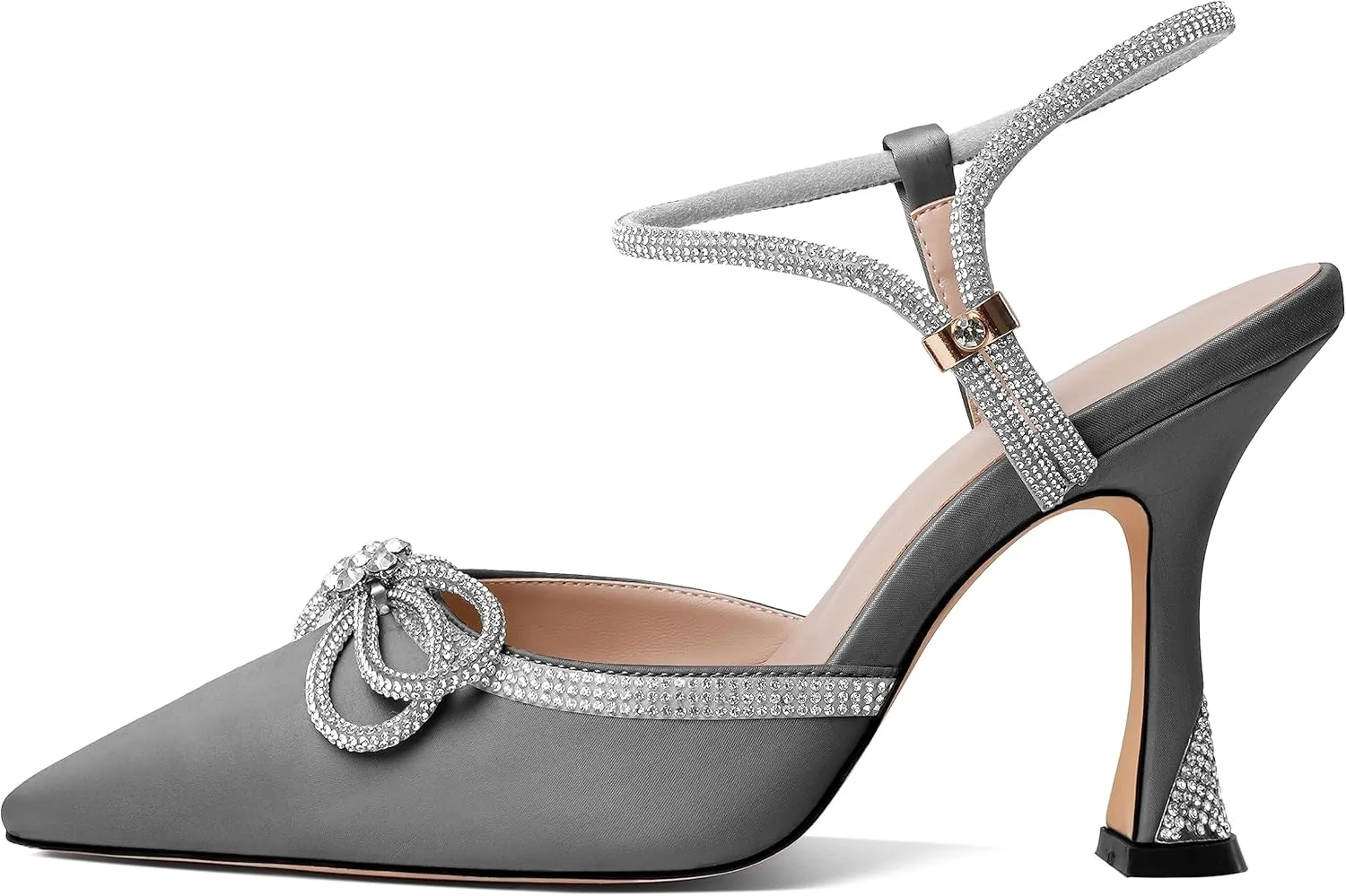 Mettesally Women's Rhinestone Bow Heels Pointed Toe High Heeled Sandals Ankle Strap Slingback Pumps Wedding Bride Satin Shoes 3.5 Inch
