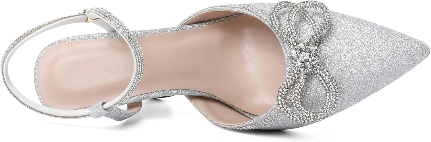 Mettesally Women's Rhinestone Bow Heels Pointed Toe High Heeled Sandals Ankle Strap Slingback Pumps Wedding Bride Satin Shoes 3.5 Inch