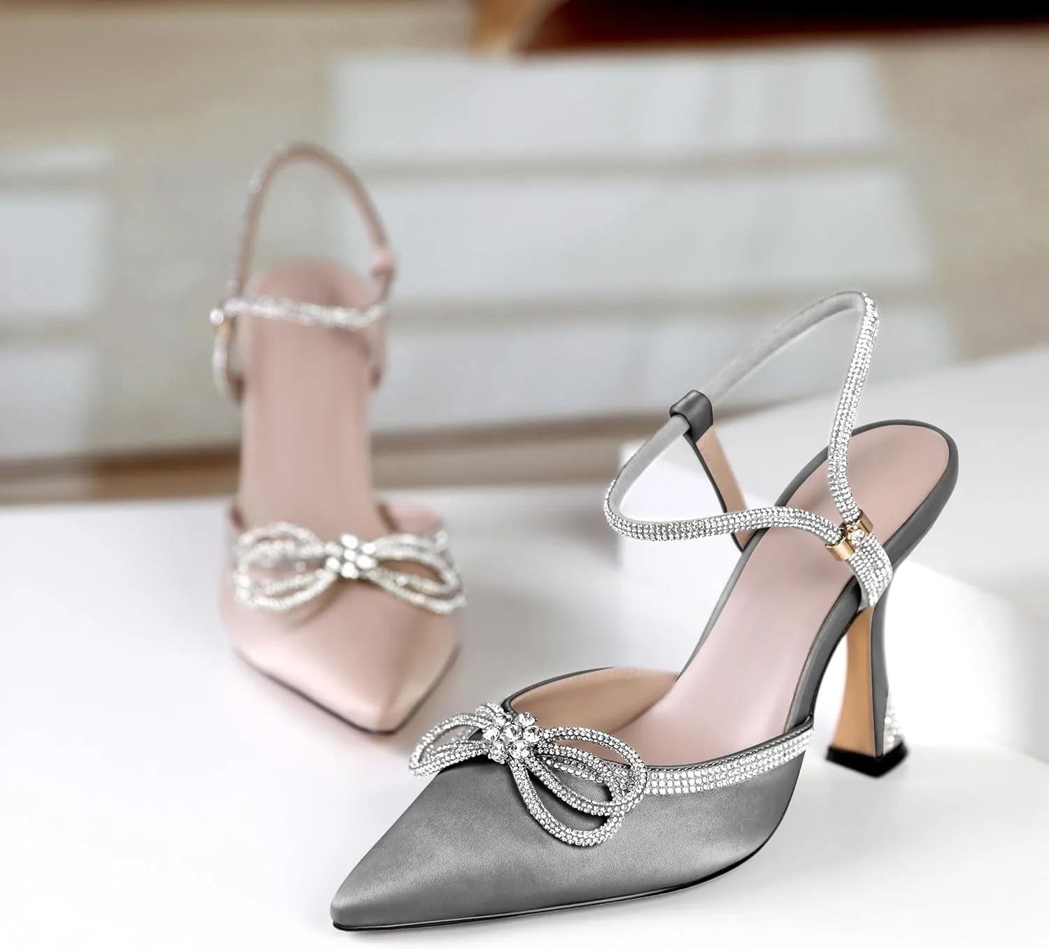 Mettesally Women's Rhinestone Bow Heels Pointed Toe High Heeled Sandals Ankle Strap Slingback Pumps Wedding Bride Satin Shoes 3.5 Inch