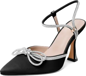 Mettesally Women's Rhinestone Bow Heels Pointed Toe High Heeled Sandals Ankle Strap Slingback Pumps Wedding Bride Satin Shoes 3.5 Inch