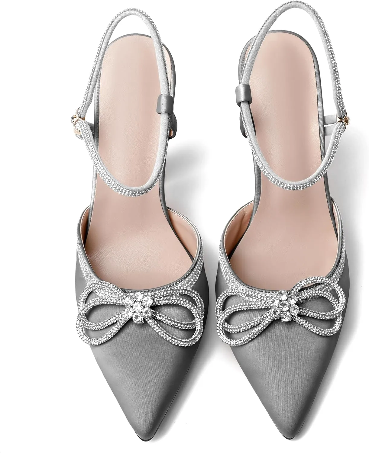 Mettesally Women's Rhinestone Bow Heels Pointed Toe High Heeled Sandals Ankle Strap Slingback Pumps Wedding Bride Satin Shoes 3.5 Inch
