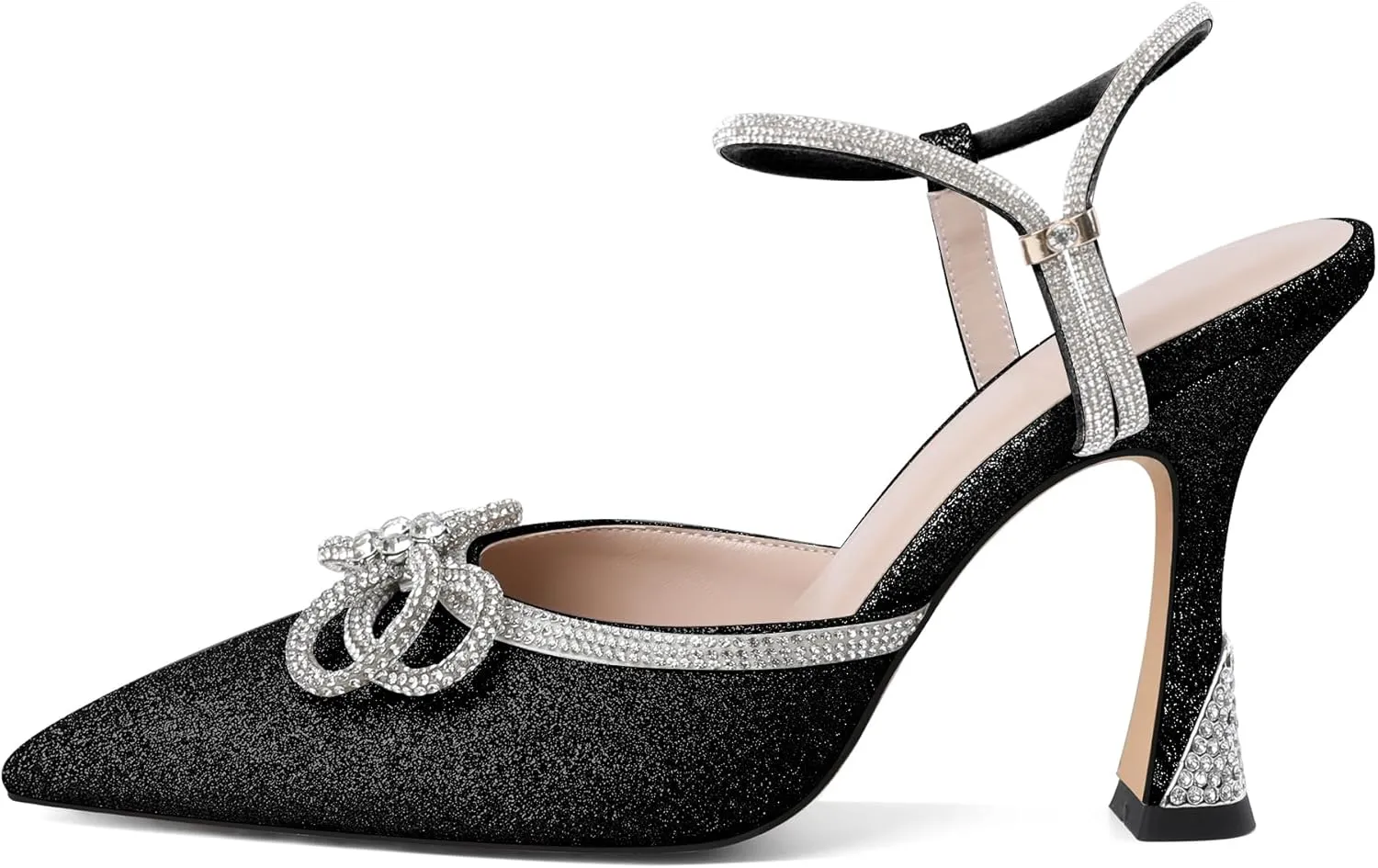 Mettesally Women's Rhinestone Bow Heels Pointed Toe High Heeled Sandals Ankle Strap Slingback Pumps Wedding Bride Satin Shoes 3.5 Inch