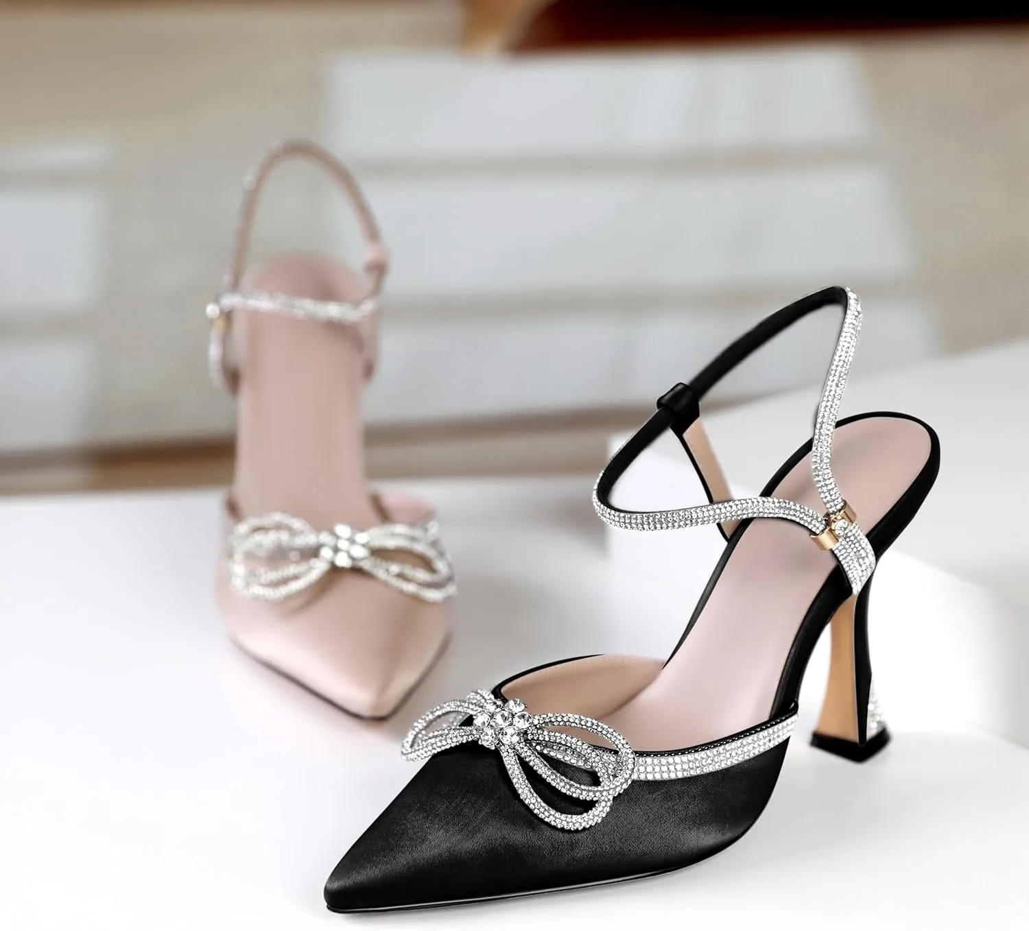 Mettesally Women's Rhinestone Bow Heels Pointed Toe High Heeled Sandals Ankle Strap Slingback Pumps Wedding Bride Satin Shoes 3.5 Inch