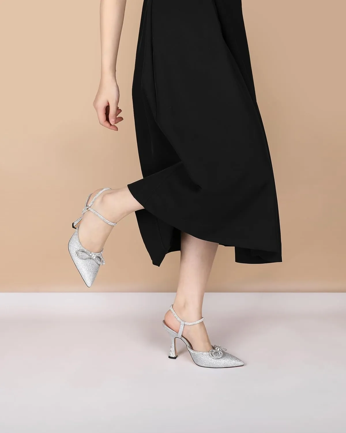 Mettesally Women's Rhinestone Bow Heels Pointed Toe High Heeled Sandals Ankle Strap Slingback Pumps Wedding Bride Satin Shoes 3.5 Inch
