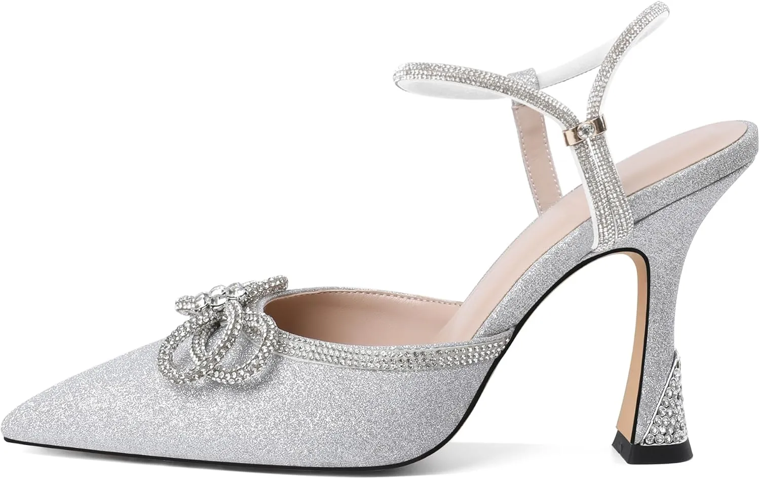 Mettesally Women's Rhinestone Bow Heels Pointed Toe High Heeled Sandals Ankle Strap Slingback Pumps Wedding Bride Satin Shoes 3.5 Inch