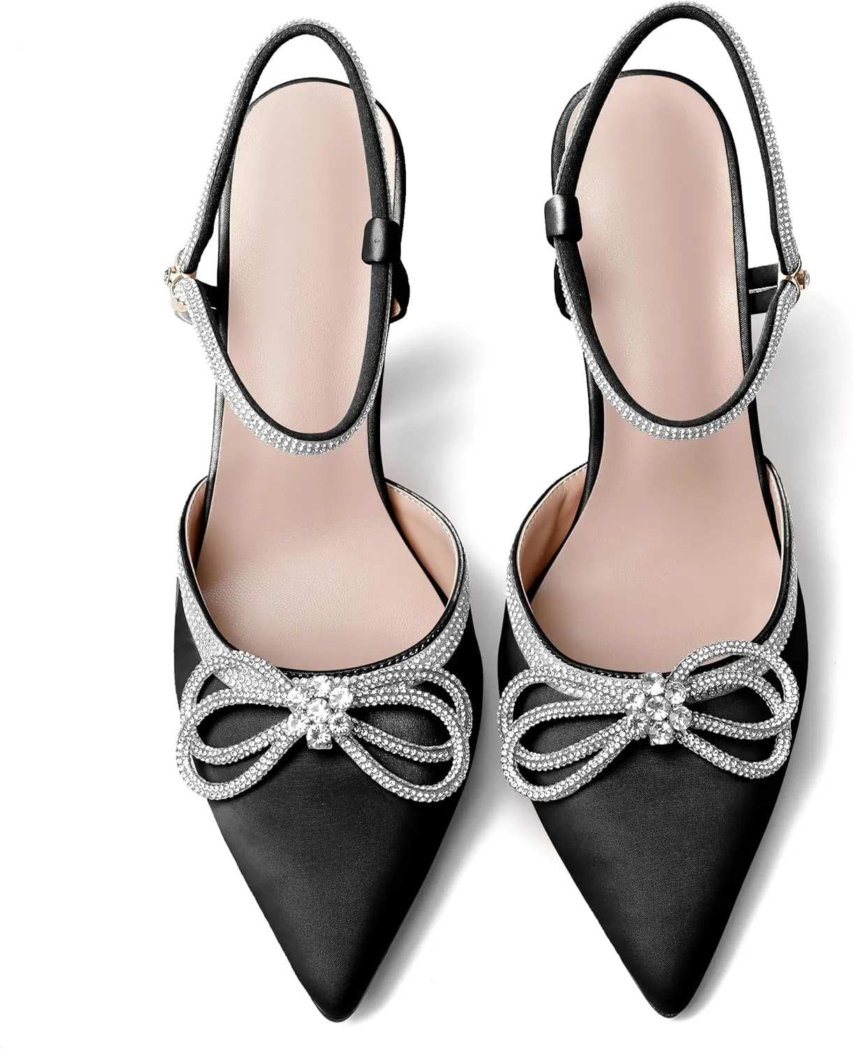 Mettesally Women's Rhinestone Bow Heels Pointed Toe High Heeled Sandals Ankle Strap Slingback Pumps Wedding Bride Satin Shoes 3.5 Inch
