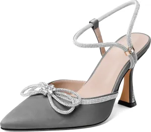 Mettesally Women's Rhinestone Bow Heels Pointed Toe High Heeled Sandals Ankle Strap Slingback Pumps Wedding Bride Satin Shoes 3.5 Inch