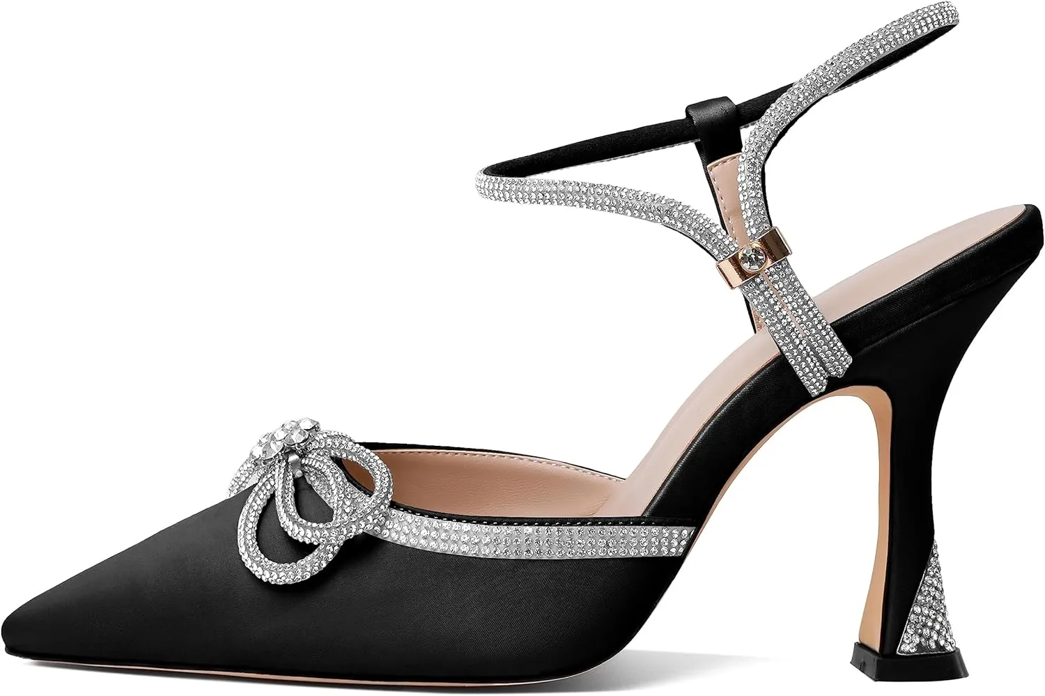 Mettesally Women's Rhinestone Bow Heels Pointed Toe High Heeled Sandals Ankle Strap Slingback Pumps Wedding Bride Satin Shoes 3.5 Inch