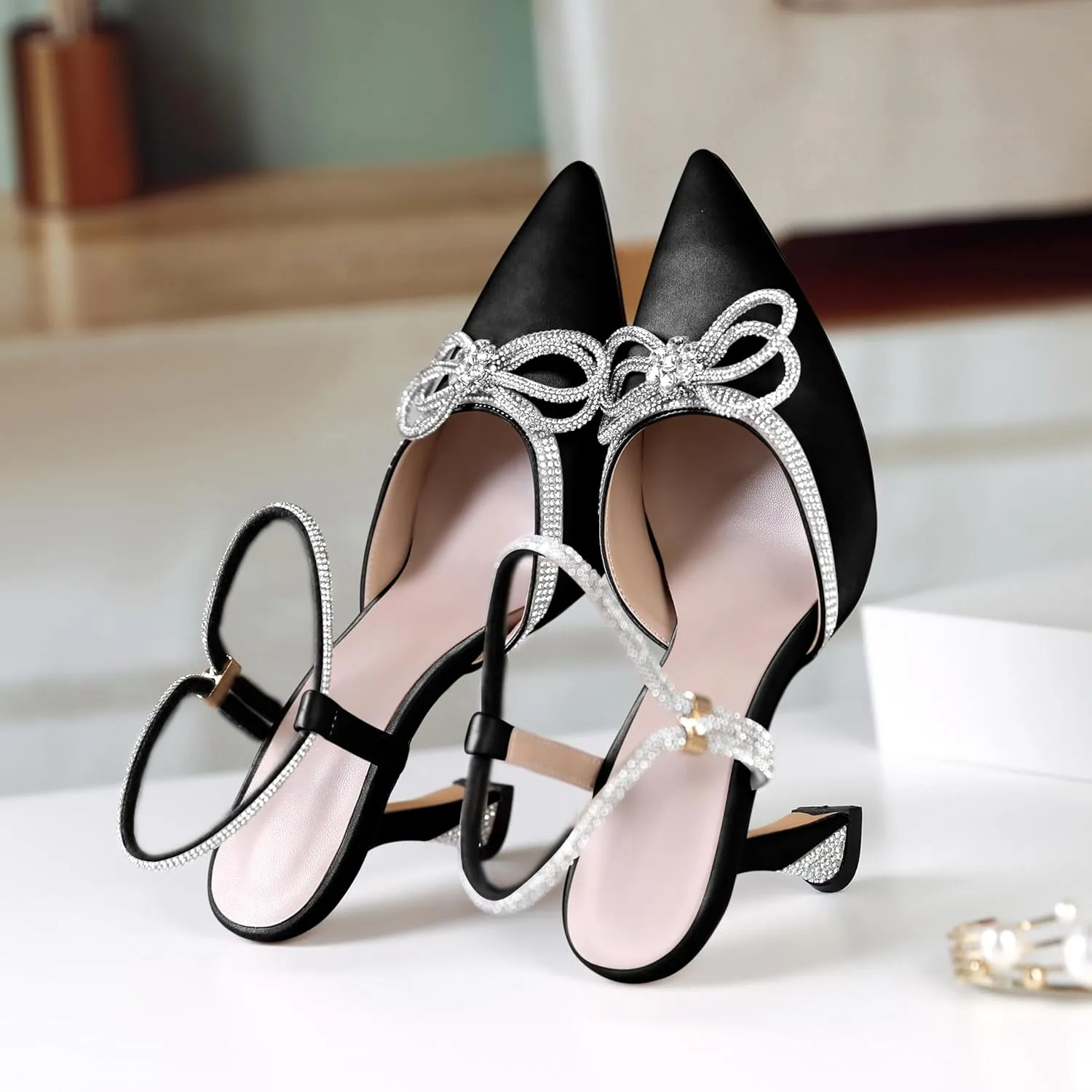 Mettesally Women's Rhinestone Bow Heels Pointed Toe High Heeled Sandals Ankle Strap Slingback Pumps Wedding Bride Satin Shoes 3.5 Inch