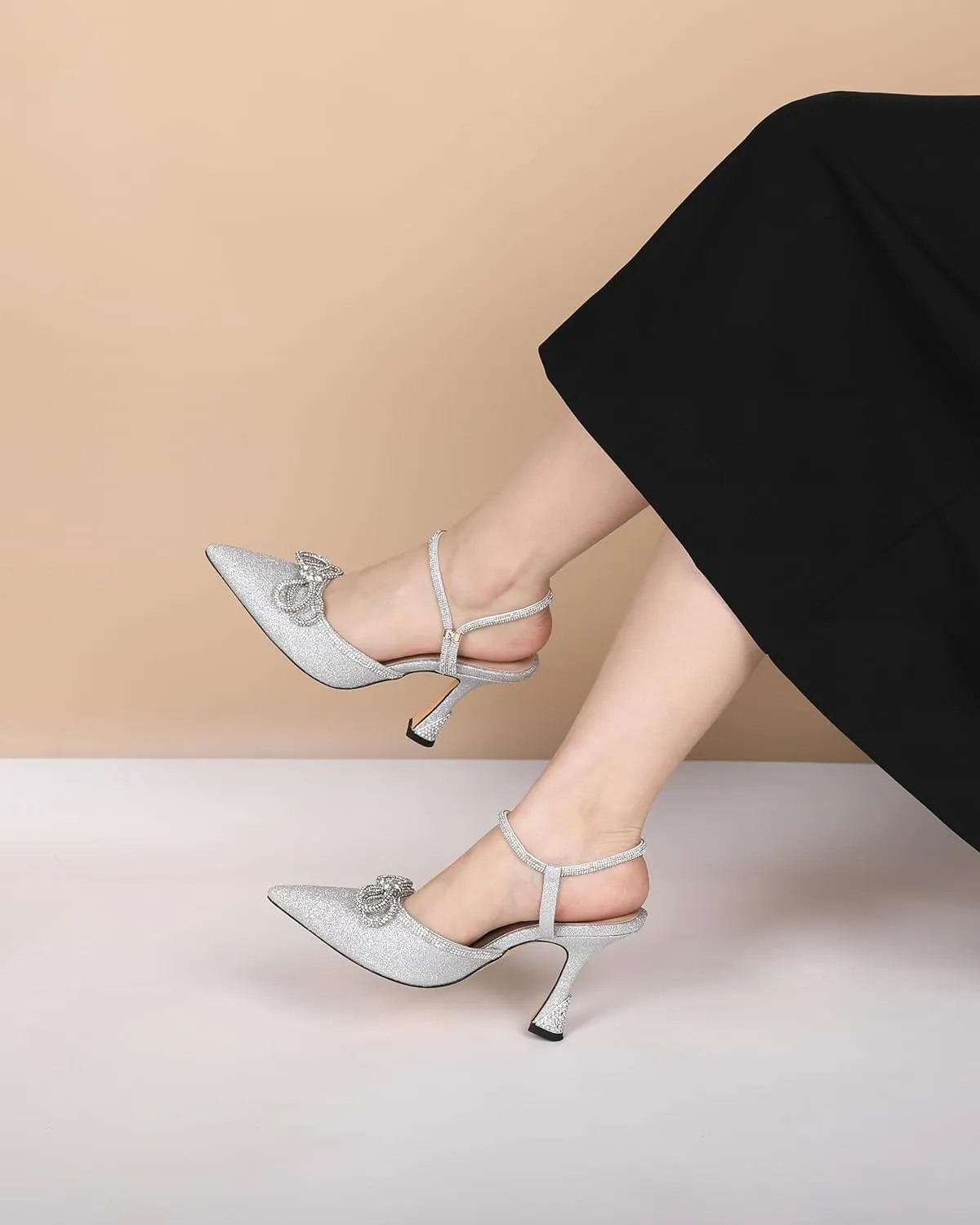 Mettesally Women's Rhinestone Bow Heels Pointed Toe High Heeled Sandals Ankle Strap Slingback Pumps Wedding Bride Satin Shoes 3.5 Inch