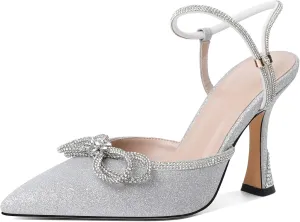 Mettesally Women's Rhinestone Bow Heels Pointed Toe High Heeled Sandals Ankle Strap Slingback Pumps Wedding Bride Satin Shoes 3.5 Inch