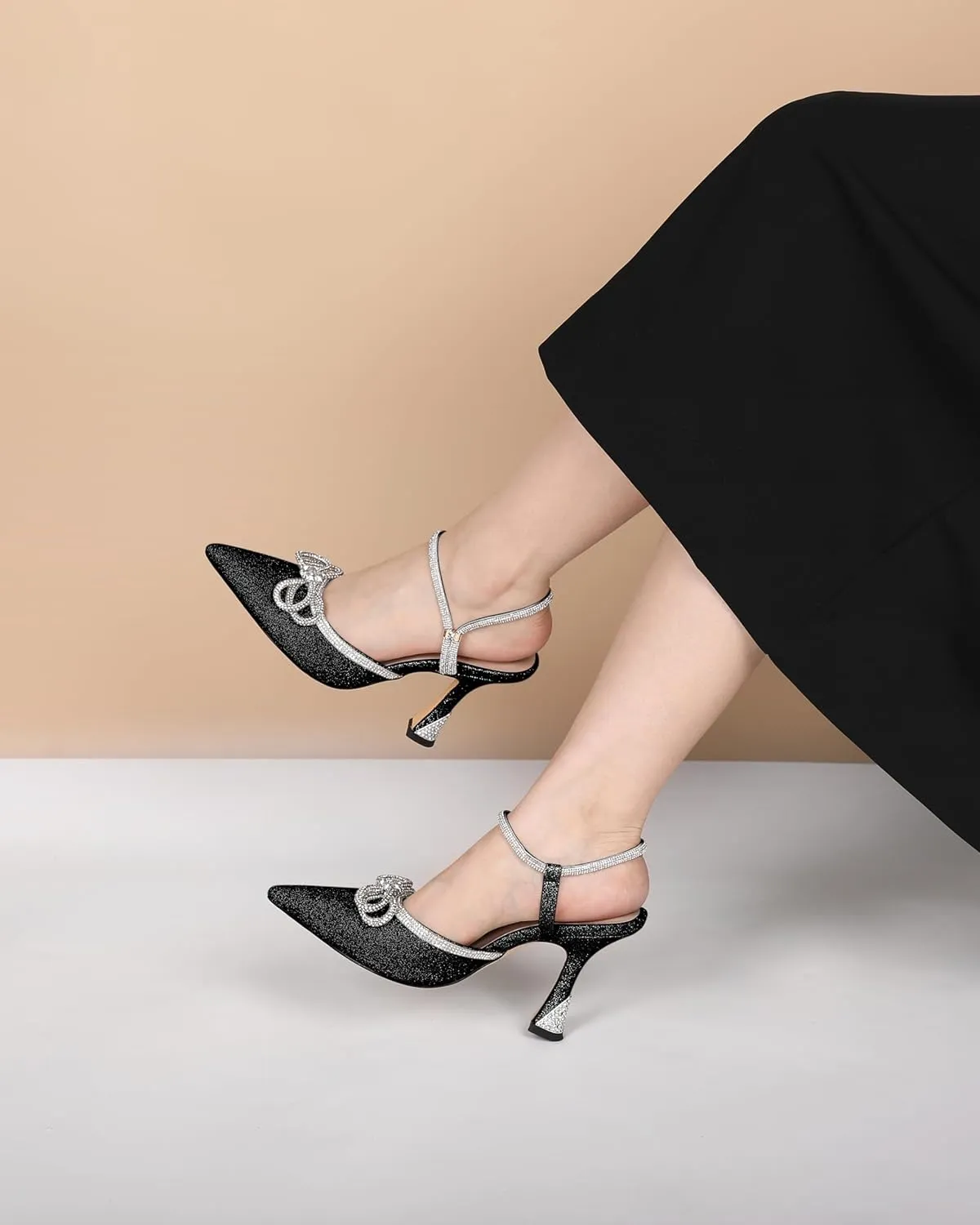 Mettesally Women's Rhinestone Bow Heels Pointed Toe High Heeled Sandals Ankle Strap Slingback Pumps Wedding Bride Satin Shoes 3.5 Inch
