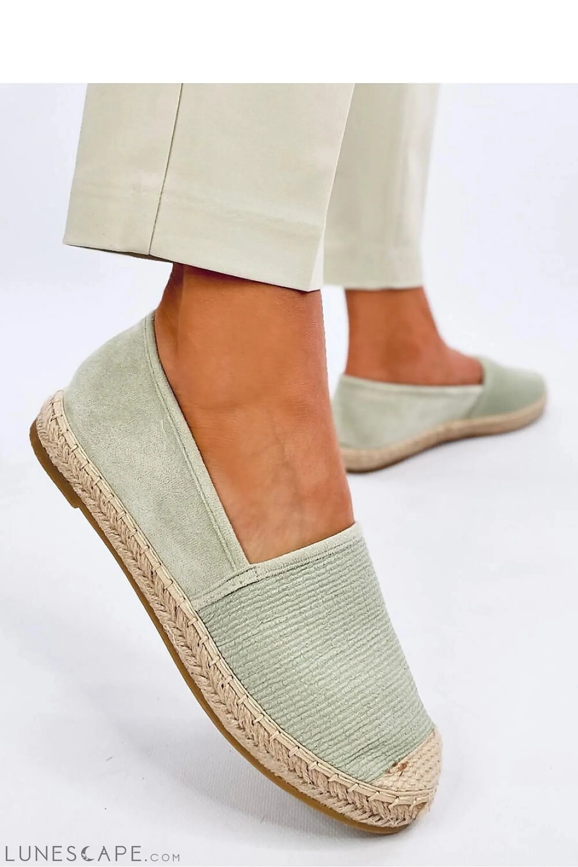 Mint Green Eco-Suede Slip-on Espadrilles with Braided Jute Cap Toe