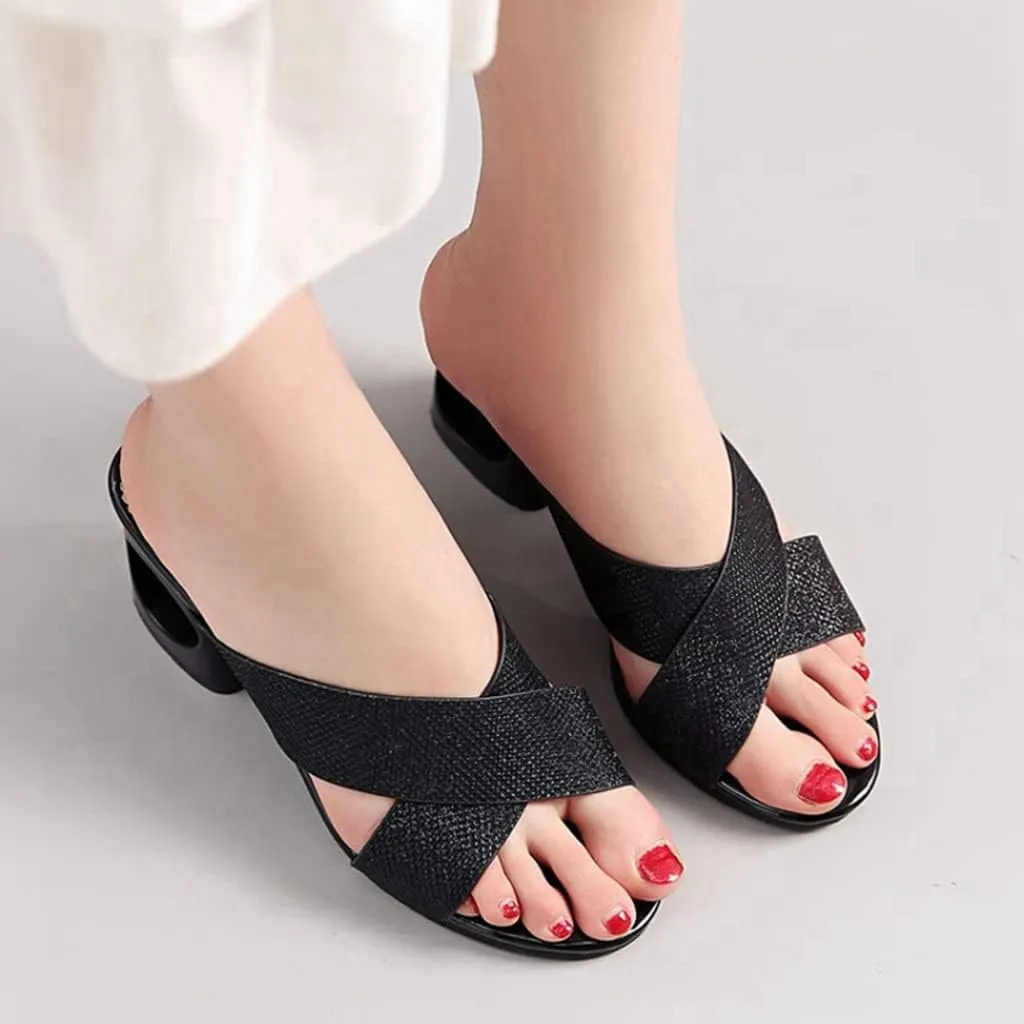 MIOKE Women's Clear Low Block Heeled Sandals Crystal Open Toe Slip On Anti-Slip Chunky Heel Slide Sandal