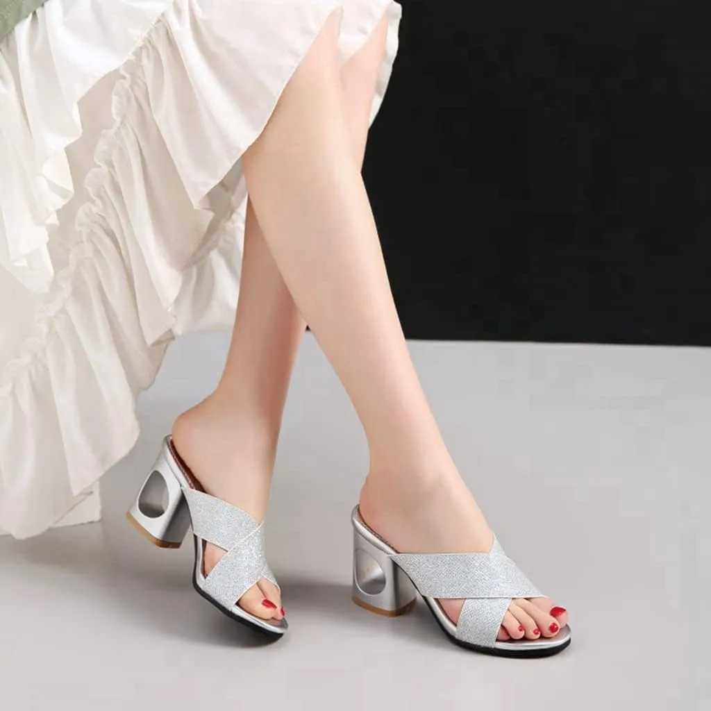 MIOKE Women's Clear Low Block Heeled Sandals Crystal Open Toe Slip On Anti-Slip Chunky Heel Slide Sandal