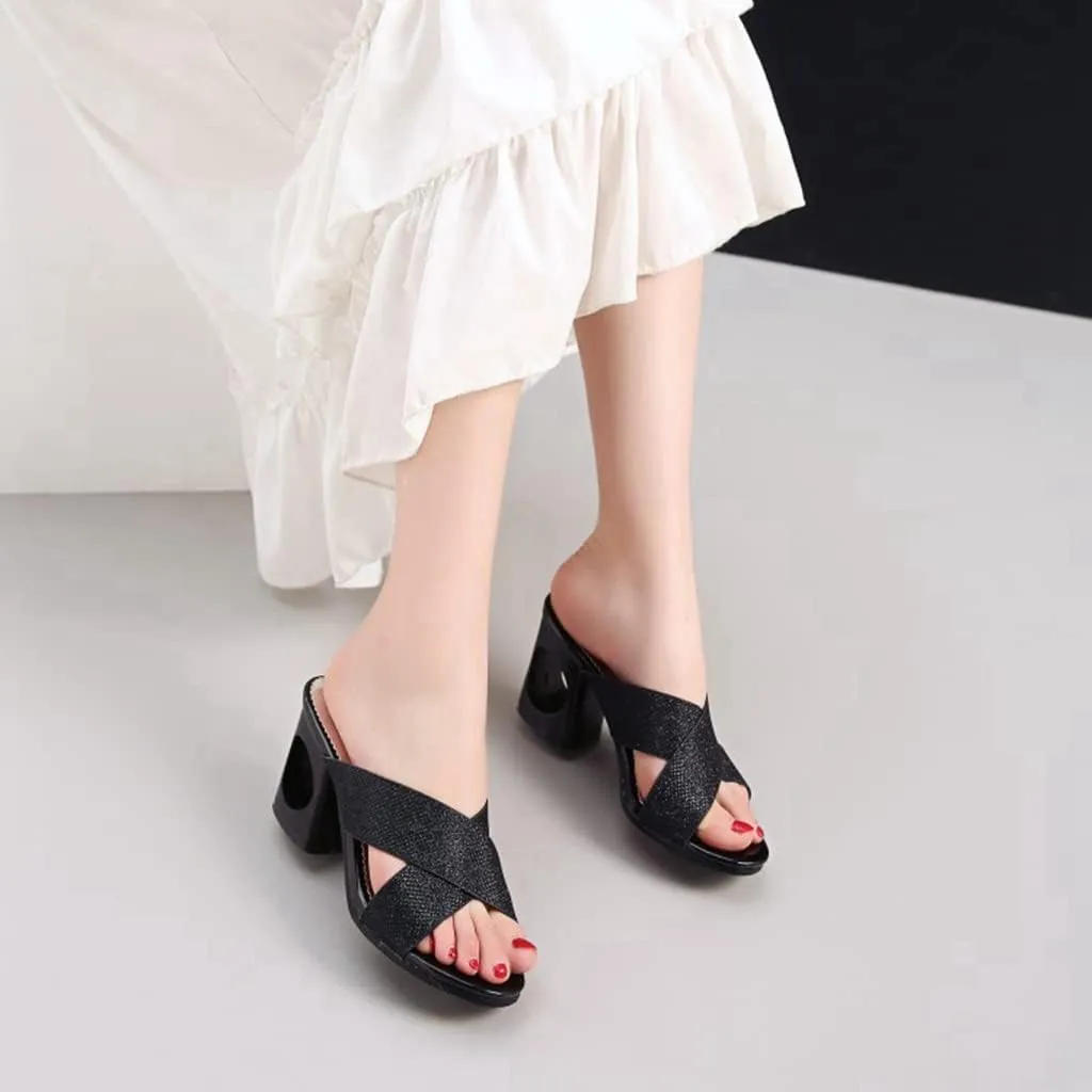MIOKE Women's Clear Low Block Heeled Sandals Crystal Open Toe Slip On Anti-Slip Chunky Heel Slide Sandal