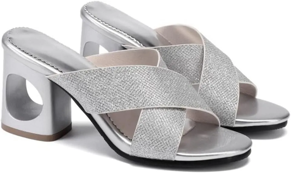 MIOKE Women's Clear Low Block Heeled Sandals Crystal Open Toe Slip On Anti-Slip Chunky Heel Slide Sandal