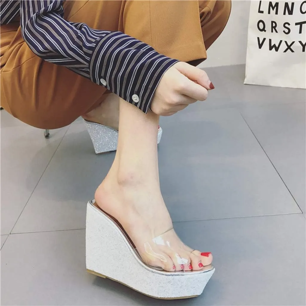 MIOKE Women's Clear Wedge Platform Sandals Glitter Sequins Slip On Open Toe Thick High Heel Slide Sandal