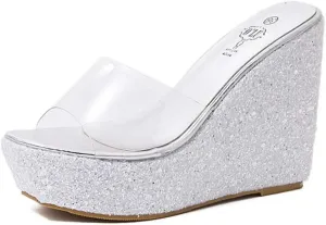 MIOKE Women's Clear Wedge Platform Sandals Glitter Sequins Slip On Open Toe Thick High Heel Slide Sandal