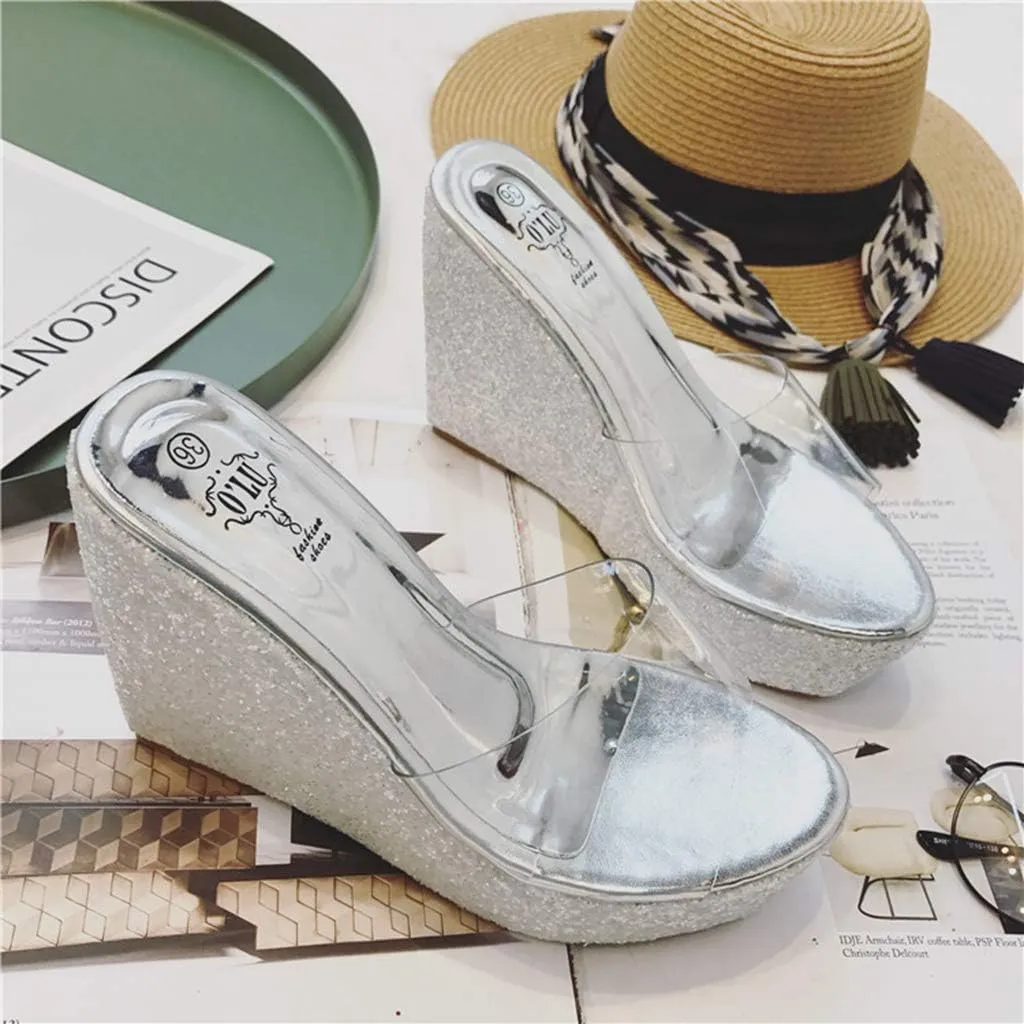 MIOKE Women's Clear Wedge Platform Sandals Glitter Sequins Slip On Open Toe Thick High Heel Slide Sandal