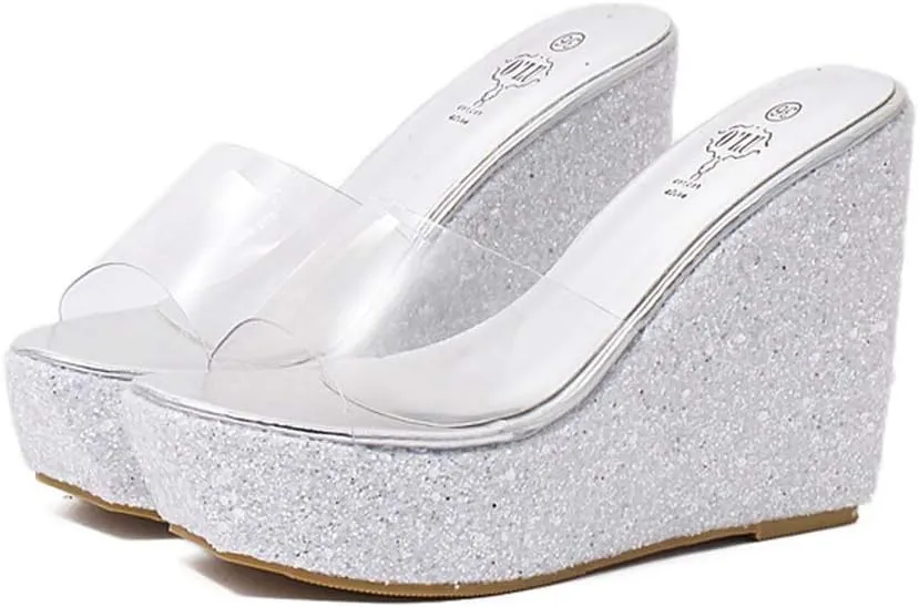 MIOKE Women's Clear Wedge Platform Sandals Glitter Sequins Slip On Open Toe Thick High Heel Slide Sandal