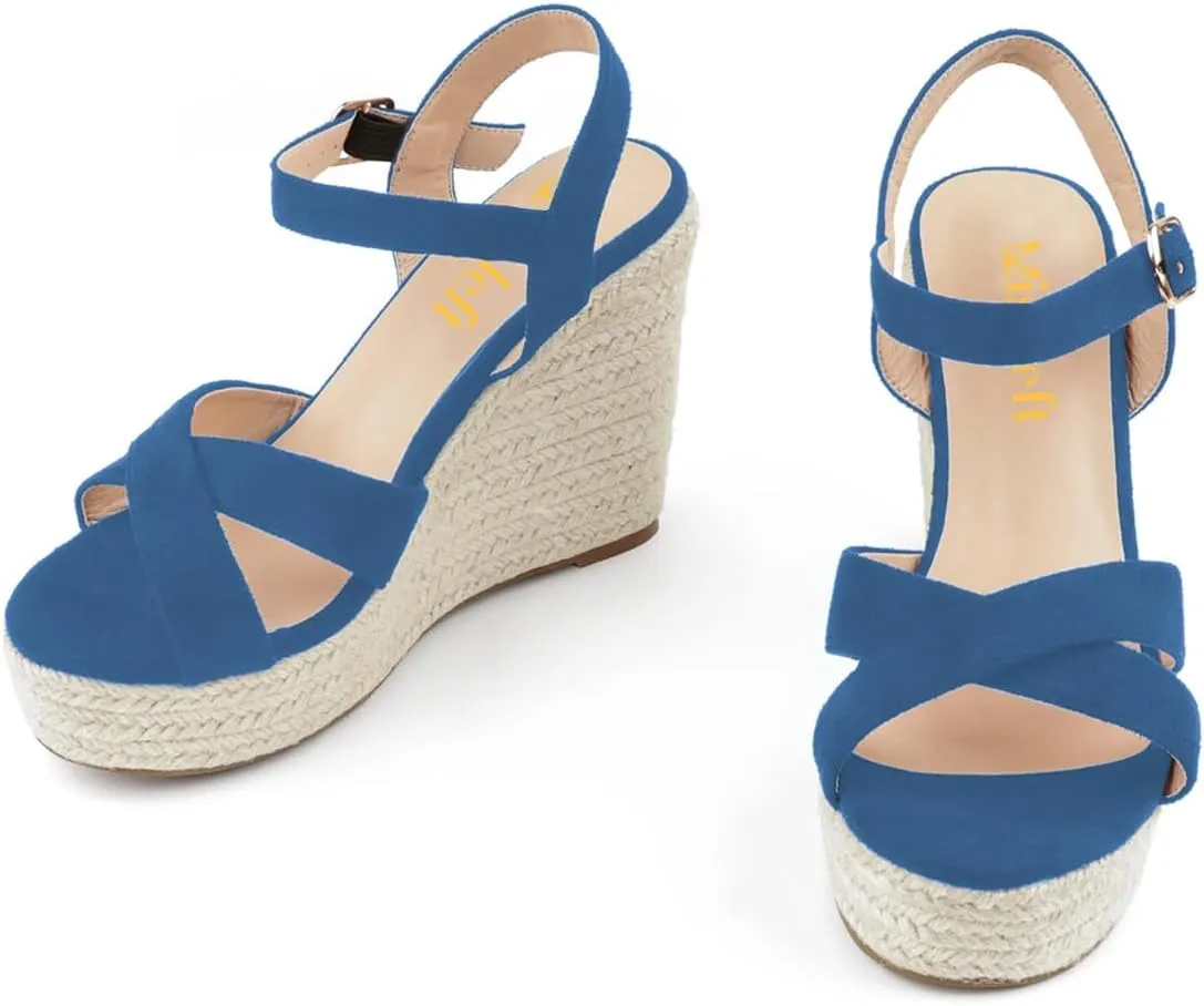 miss left Women Chic Platform Rounded Toe Sandal Cross Strappy Espadrille Wedge Heels Ankle Strap Party Date Dress Shoes Size 4-16 US