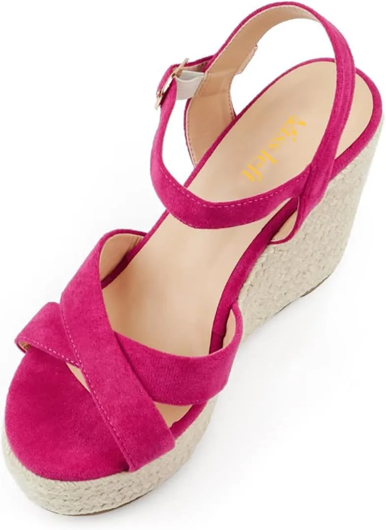 miss left Women Chic Platform Rounded Toe Sandal Cross Strappy Espadrille Wedge Heels Ankle Strap Party Date Dress Shoes Size 4-16 US