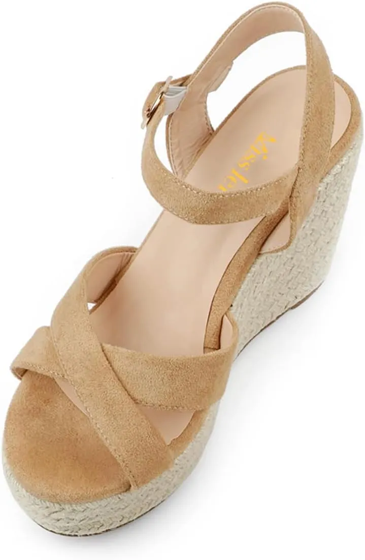 miss left Women Chic Platform Rounded Toe Sandal Cross Strappy Espadrille Wedge Heels Ankle Strap Party Date Dress Shoes Size 4-16 US