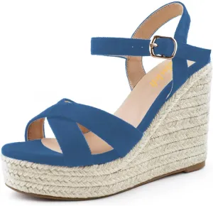 miss left Women Chic Platform Rounded Toe Sandal Cross Strappy Espadrille Wedge Heels Ankle Strap Party Date Dress Shoes Size 4-16 US