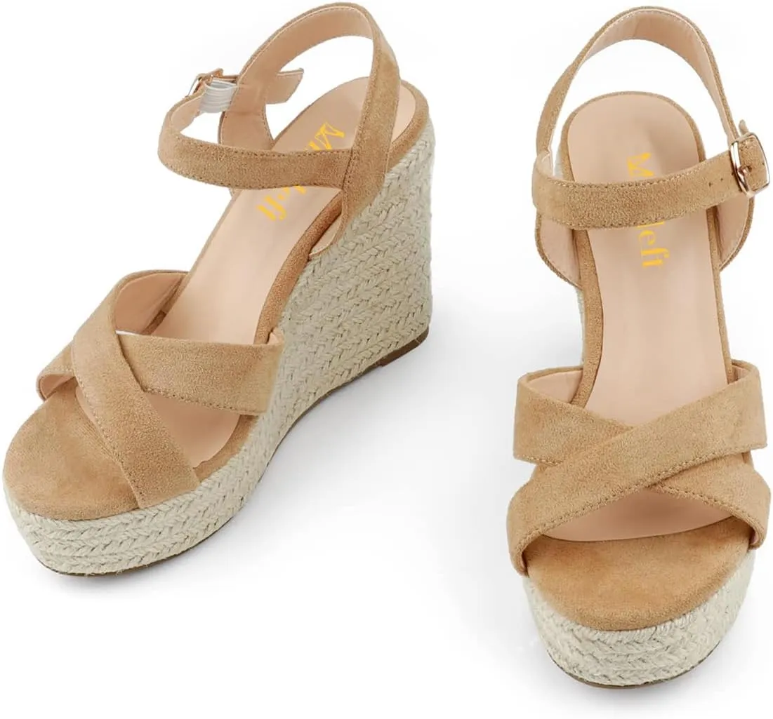 miss left Women Chic Platform Rounded Toe Sandal Cross Strappy Espadrille Wedge Heels Ankle Strap Party Date Dress Shoes Size 4-16 US