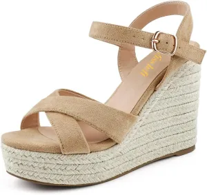 miss left Women Chic Platform Rounded Toe Sandal Cross Strappy Espadrille Wedge Heels Ankle Strap Party Date Dress Shoes Size 4-16 US