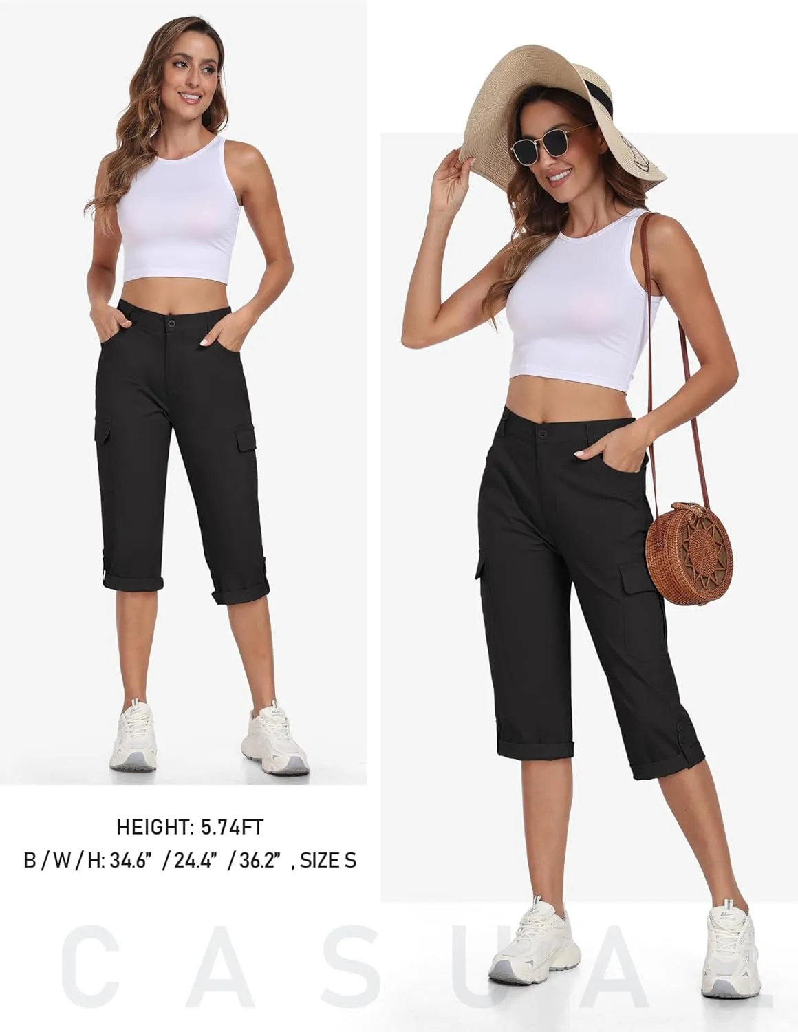 MoFiz Women's Cargo Capri Pants Cotton Roll up Convertible Capris Summer Casual Athletic Hiking Cropped Pants with Pockets