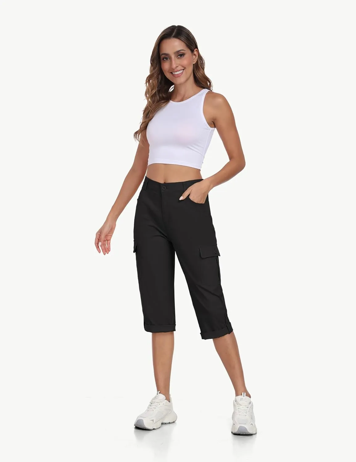 MoFiz Women's Cargo Capri Pants Cotton Roll up Convertible Capris Summer Casual Athletic Hiking Cropped Pants with Pockets