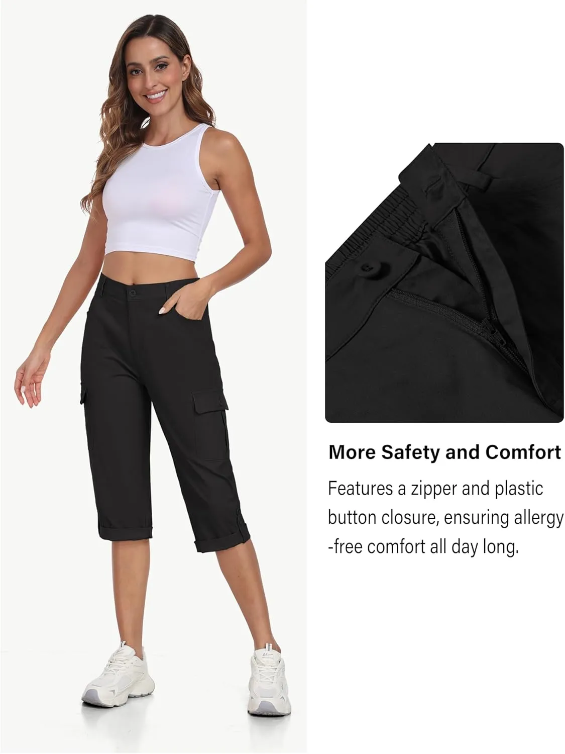 MoFiz Women's Cargo Capri Pants Cotton Roll up Convertible Capris Summer Casual Athletic Hiking Cropped Pants with Pockets