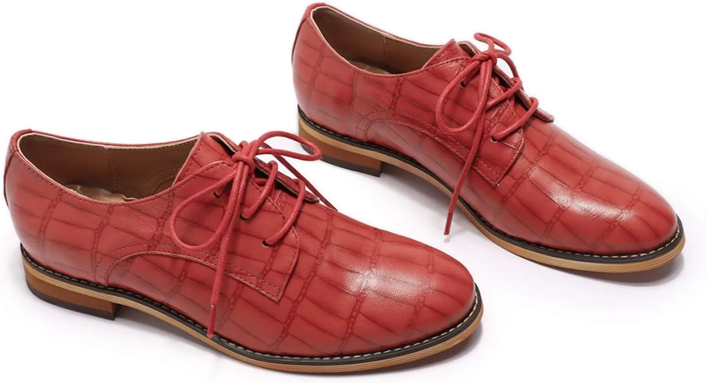 Mona flying Women's Fashion Croc Embossed Oxfords Derby Lace-up Leather Flat Shoes for Ladies