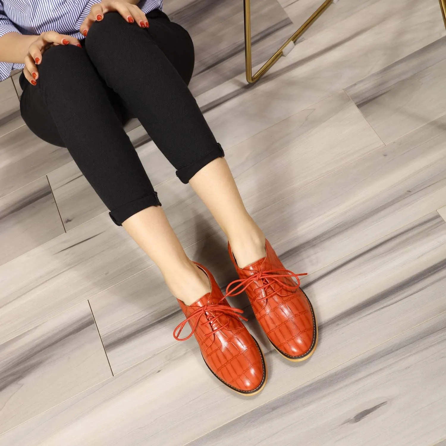 Mona flying Women's Fashion Croc Embossed Oxfords Derby Lace-up Leather Flat Shoes for Ladies