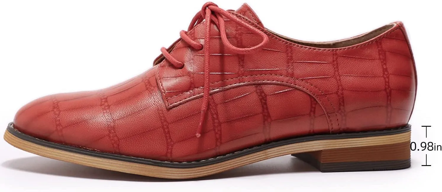 Mona flying Women's Fashion Croc Embossed Oxfords Derby Lace-up Leather Flat Shoes for Ladies