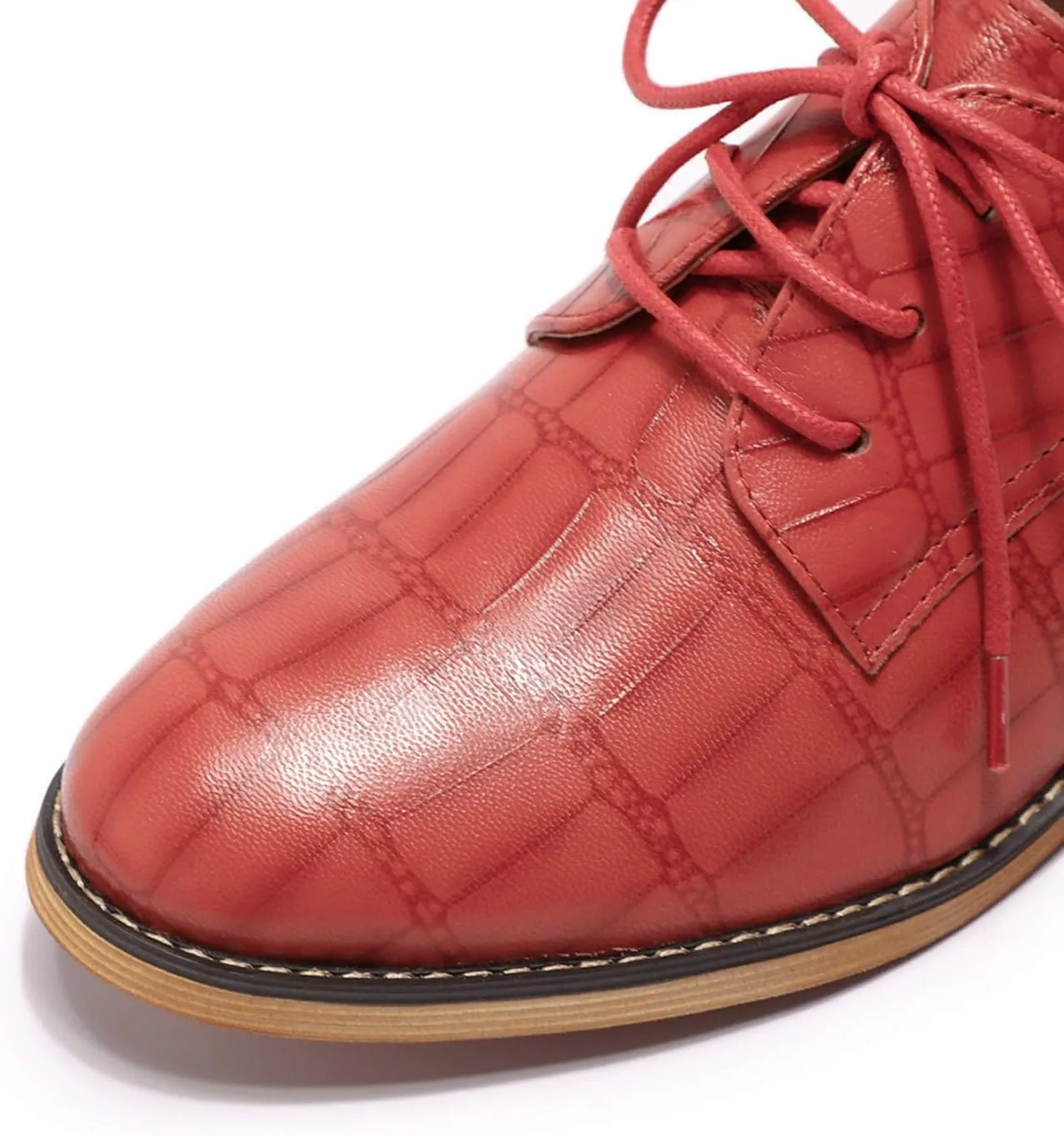 Mona flying Women's Fashion Croc Embossed Oxfords Derby Lace-up Leather Flat Shoes for Ladies