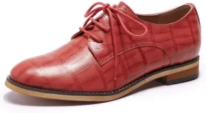 Mona flying Women's Fashion Croc Embossed Oxfords Derby Lace-up Leather Flat Shoes for Ladies