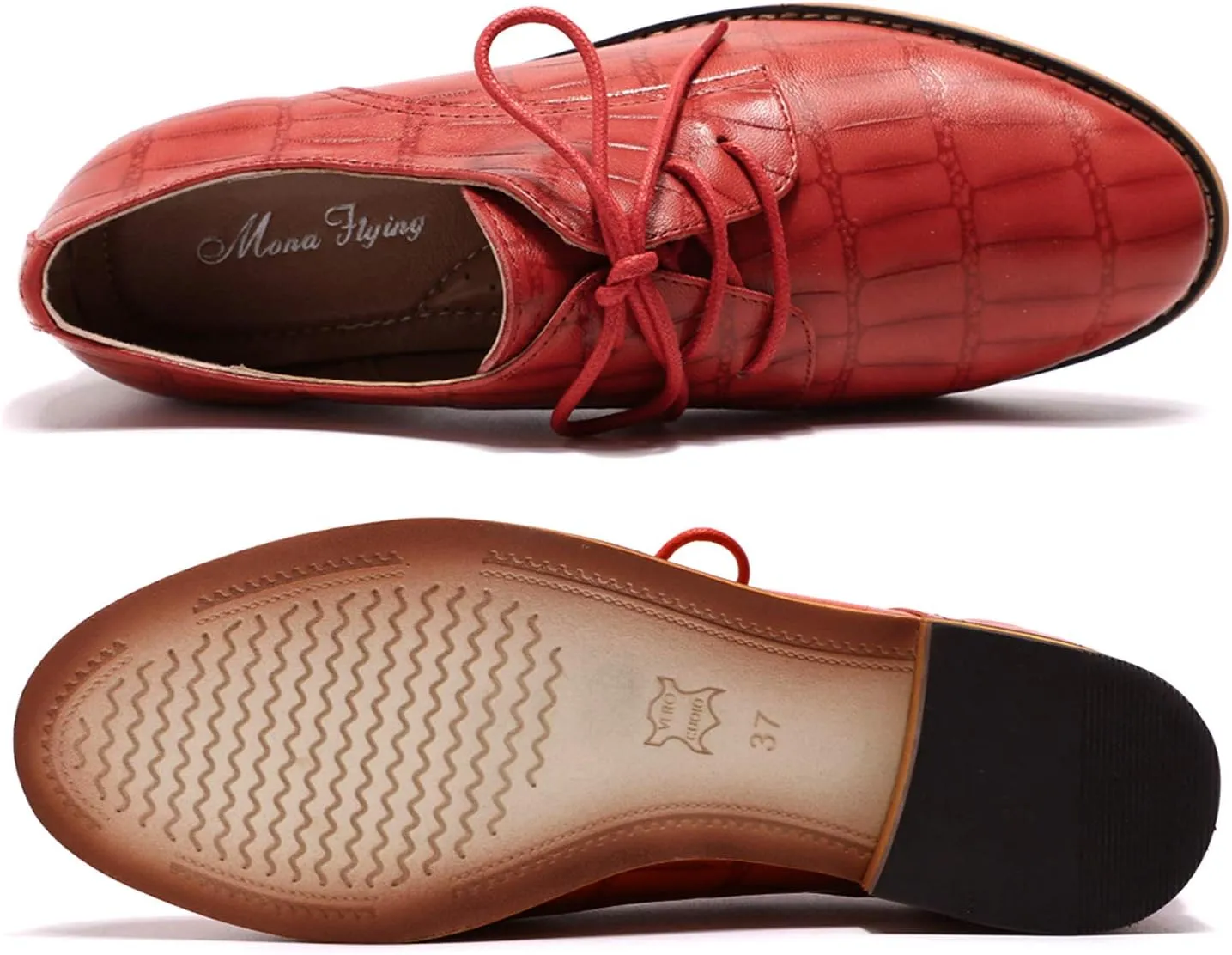 Mona flying Women's Fashion Croc Embossed Oxfords Derby Lace-up Leather Flat Shoes for Ladies